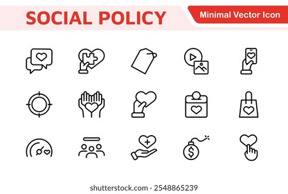 Set of Social Policy and Insuranceline icons. Outline icon collection related to education, insurance, law, goverment and more.