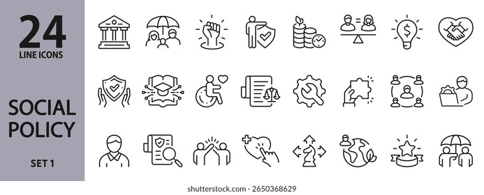 Set of Social Policy line icons with Government, Justice, Community, Equality, Benefit, Support, Strategy and others. Editable stroke