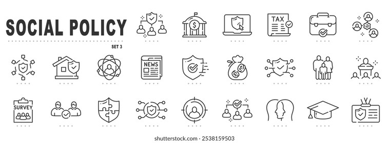 Conjunto de ícones de linha relacionados à política social. Serviço, seguro, governo, sociedade etc. Traçado editável. Conjunto 3