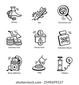 Conjunto de iconos de estilo de esquema de problemas sociales

