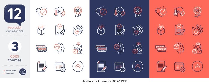 Set of Social responsibility, Time management and Swipe up line icons. Include Sick man, Augmented reality, Ram icons. Medical pills, Rfp, Article web elements. Nurse, 5g technology, Calendar