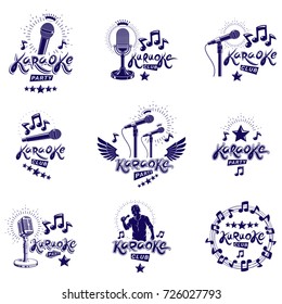 Set of social telecommunication theme logotypes, emblems and posters. Earth globe, microphones and megaphones devices vector illustrations created with news writing.