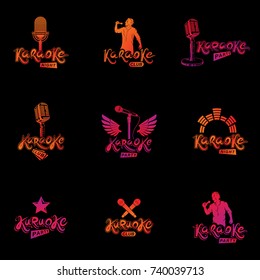 Set of social telecommunication theme logotypes, emblems and posters. Earth globe, microphones and megaphones devices vector illustrations created with news writing.
