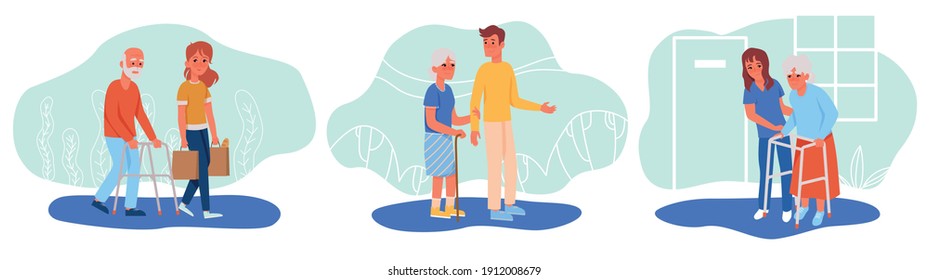 Set of social workers help older people walk on a walker. Elderly care concept. Cartoon character flat vector illustration.