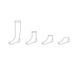 Set Sock For Man From Long To Short, Outline Template. Sport And Regular Sock. Technical Mockup Clothes Side View. Vector Contour Illustration