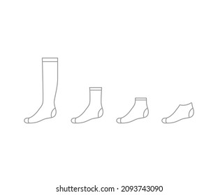 Set sock for man from long to short, outline template. Sport and regular sock. Technical mockup clothes side view. Vector contour illustration