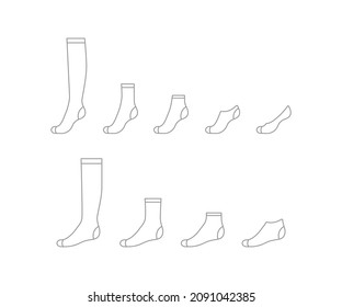 Set sock for man and woman from long to short, outline template. Sport and regular sock. Technical mockup clothes side view. Vector contour illustration