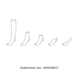 Set sock for woman from long to short, outline template. Sport and regular sock. Technical mockup clothes side view. Vector contour illustration