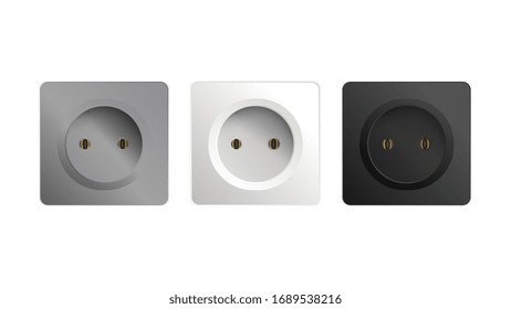 Set of sockets isolated on a white background. Realistic black, white and gray rosette. Interior design element. Vector illustration