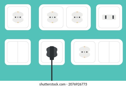 A set of sockets and switches of the European model. White rosettes on the background. White switches on the background.