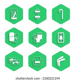Set Socks, Armchair, Bone pain, Emergency phone call, Monitor with cardiogram, Domino, Walking stick cane and False jaw glass icon. Vector