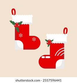 Set of socks for christmas. Vector Colorful illustration of new year socks for your projects. Decoration christmas fireplace icon.
