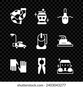 Set Socks, Clean vase, Kitchen apron, Rubber gloves, Clothes pin, Home cleaning service, Lawn mower and Toilet paper roll icon. Vector
