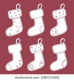 Set of socks for decorating the house, fireplace in the style of Papercut. Christmas socks are white on a red background. Universal sticker template for the decor of postcards, banners, backgrounds