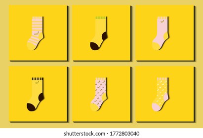 Set of socks. Different banana fruit ornaments, pattern, stripe, etc. Flat design Vector Illustration. 
