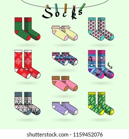 Set of socks with different color pattern. Flat vector illustration.