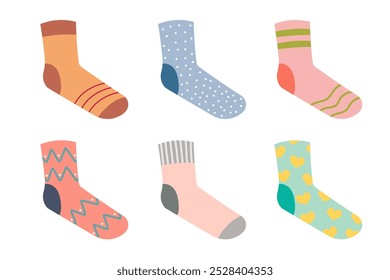 Set of socks with different ornament and color. Comfort wear, clothes, accessory. Vector isolated on white background