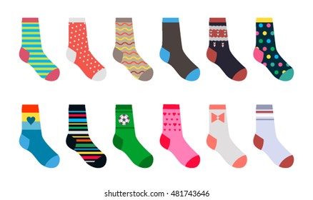 Conjunto de calcetines en un patrón diferente. Ilustración vectorial plana aislada en fondo blanco