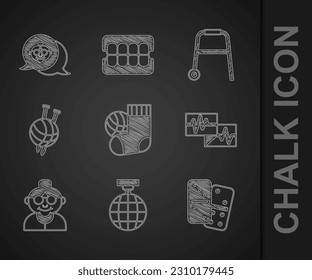 Set Socks, Disco ball, Domino, Monitor with cardiogram, Grandmother, Yarn knitting needles, Walker and  icon. Vector