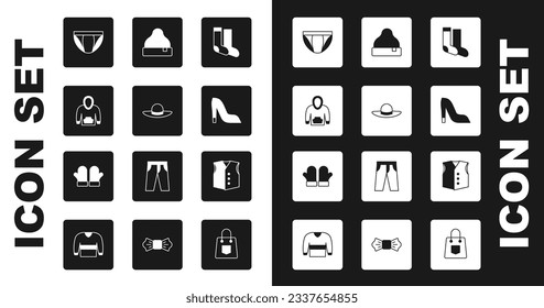 Calcetines, sombrero femenino elegante, hoodie, calzoncillos masculinos, zapato femenino, beanie, abrigo y icono de mitones de Navidad. Vector