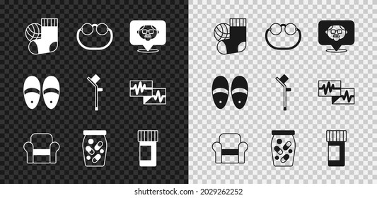 Set Socks, Eyeglasses, Grandfather, Armchair, Medicine bottle pills, Slippers and Crutch or crutches icon. Vector