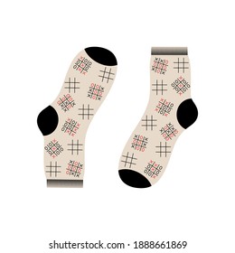 A set of socks featuring a game. Game elements are depicted on the socks. Close-up. Design element. Vector illustration.