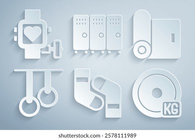 Set Socks, Fitness mat roll, Gymnastic rings, Weight plate, Locker or changing room and Smart watch with heart icon. Vector