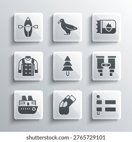 Set Socks, Flag of Iceland, Binoculars, Tree, Cruise ship, Sweater, Kayak paddle and Ticket icon. Vector