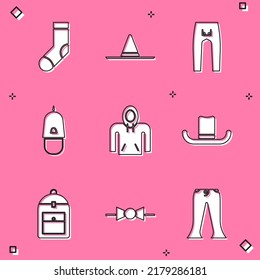 Set Socks, Gardener worker hat, Pants, Police cap with cockade, Hoodie, Man, Backpack and Bow tie icon. Vector