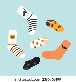 Set of Socks with Halloween pattern colored illustration vector isolated on light blue background. Winter accesories. Warm clothes