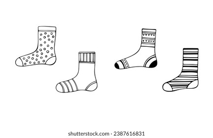 A set of socks, hand-drawn in doodle style, vector. Black and white illustration of winter, warm socks. Drawing for decorating a collection of socks. An element for design and decoration.