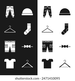 Set Socks, Hanger wardrobe, Camouflage cargo pants, Beanie hat, Short or, Bow tie,  and T-shirt icon. Vector