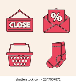 Set Socks, Hanging sign with Closed, Envelope with an interest discount and Shopping basket icon. Vector