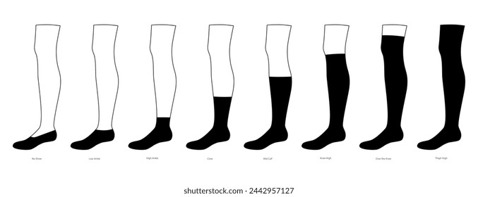 Set of Socks hosiery - No Show, low, high ankle, crew, mid calf, knee high, thigh length. Fashion accessory clothing technical illustration stocking. Vector side view for Men, women style, flat CAD