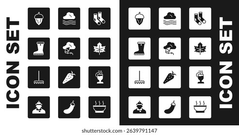 Set Socks, Kite, Waterproof rubber boot, Acorn, Leaf leaves, Windy weather, Mulled wine and Garden rake icon. Vector
