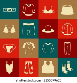 Set Socks, Leggings, Hoodie, Bra, Cycling shorts, Men underpants, Belt and Man hat icon. Vector