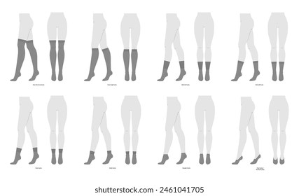 Set of socks length - low cut, high low ankle, crew, mid calf, knee high, over knee, thigh high. Fashion accessory clothing technical illustration stocking. Vector front, side view style flat template