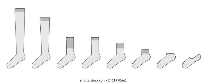 Set von Socken Länge - niedriger Schnitt, hoher Knöchel, Crew, mittlere Wade, Knie, über den Oberschenkel. Mode-Accessoire-Bekleidung technische Illustration Strumpf. Vektorgrafik Seitenansicht für Herren, Damen, Unisex-Stil, flache Vorlage