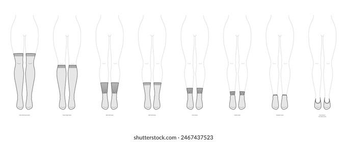 Set of socks length - low cut, high low ankle, crew, mid calf, knee high, over knee, thigh high. Fashion accessory clothing technical illustration stocking. Vector front view for Men, women style