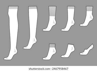 Set of socks length - low cut, high low ankle, crew, mid calf, knee high, over knee, thigh high. Fashion accessory clothing technical illustration stocking. Vector side view women style, flat template