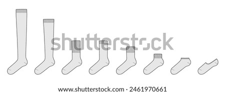 Set of socks length - low cut, high ankle, crew, mid calf, knee, over thigh. Fashion accessory clothing technical illustration stocking. Vector side view for Men, women, unisex style, flat template