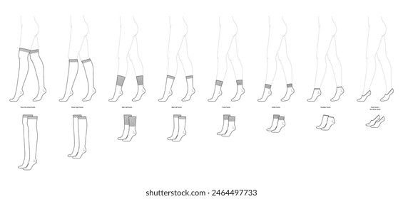 Set of socks length on legs and template - low cut, high low ankle, crew, mid calf, high, over knee, thigh. Fashion accessory clothing technical illustration hosiery. Vector side view for Men, women