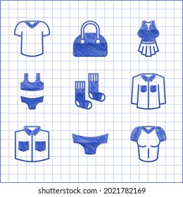 Set Socks, Men underpants, T-shirt, Shirt, Swimsuit, Undershirt and  icon. Vector