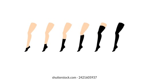 A set of socks on the foot. Sock length icon set. Flat and silhouette style. Vector icons