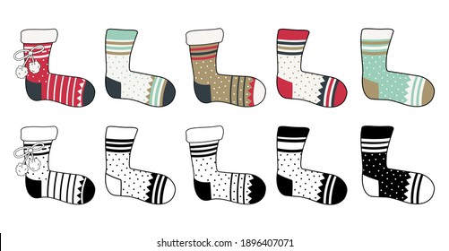 A set of socks with a pattern of different colours and black lines. Winter element of clothing items for gift wrapping, postcards, web. Vector flat illustration
