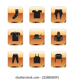 Set Socks, Sport pants, Sleeveless T-shirt, Oktoberfest hat, Polo, Pants, Winter with ear flaps and icon. Vector