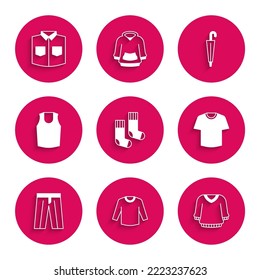 Set Socks, Sweater, T-shirt, Pants, Undershirt, Umbrella and Shirt icon. Vector