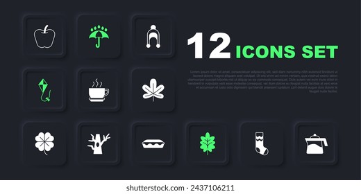 Set Socks, Teapot, Coffee cup, Leaf, Kite, Bare tree, Umbrella and rain drops and Homemade pie icon. Vector