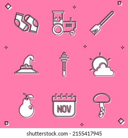 Set Socks, Tractor, Handle broom, Witch hat, Honey dipper stick, Sun cloud weather, Pear and November calendar autumn icon. Vector