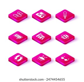 Set Socks, UFO flying spaceship, Certificate template, Book, Eyeglasses, School backpack, Sword for game and Monitor with keyboard icon. Vector
